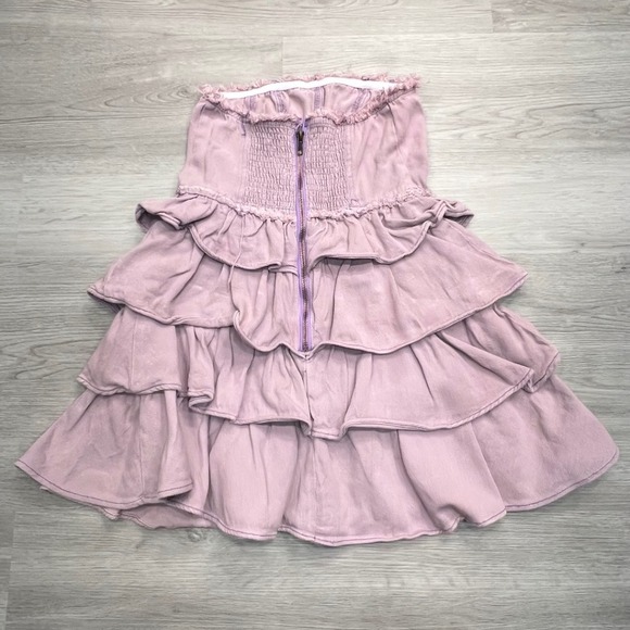 So Me Denim Strapless Tiered Ruffle Mini Dress Sz Small Smocked Mauve Pink - Picture 2 of 10